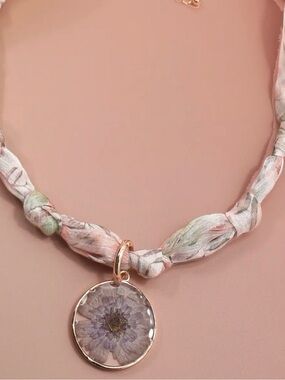 Delicate Pink Floral Scarf Necklace with Resin Flower Pendant